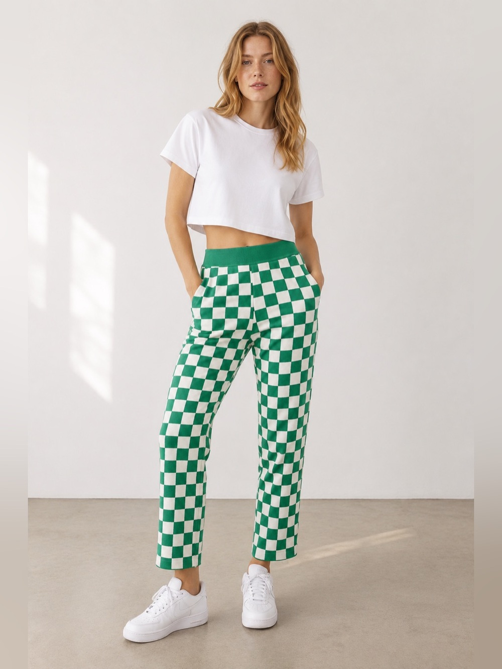 Oak + Fort Green and White Checkered Knit Pants Stretch Y2K Womens Medium